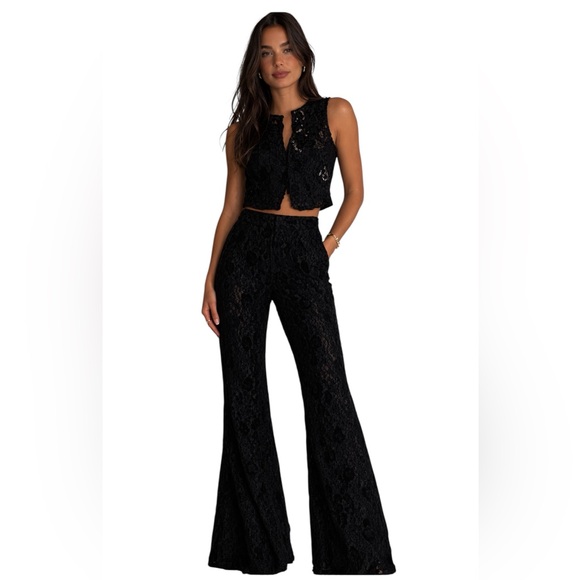 Avec Les Filles Pants - Avec Les Filles Black Lace Two Piece Suit Set Luxe Chic Vest Flared Pants Small
